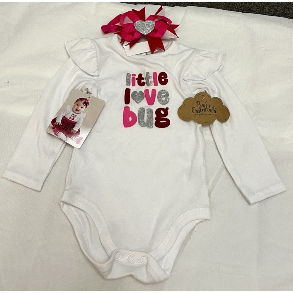 Baby Essentials Girls Bodysuit 12M White Valentine's‎ Outfit Bow Headband NWT